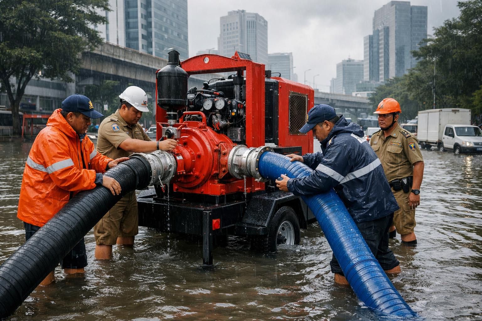 pemerintah provinsi dki jakarta menyiapkan pompa air tambahan untuk mengantisipasi banjir dan menjaga keamanan wilayah dari dampak cuaca ekstrem.