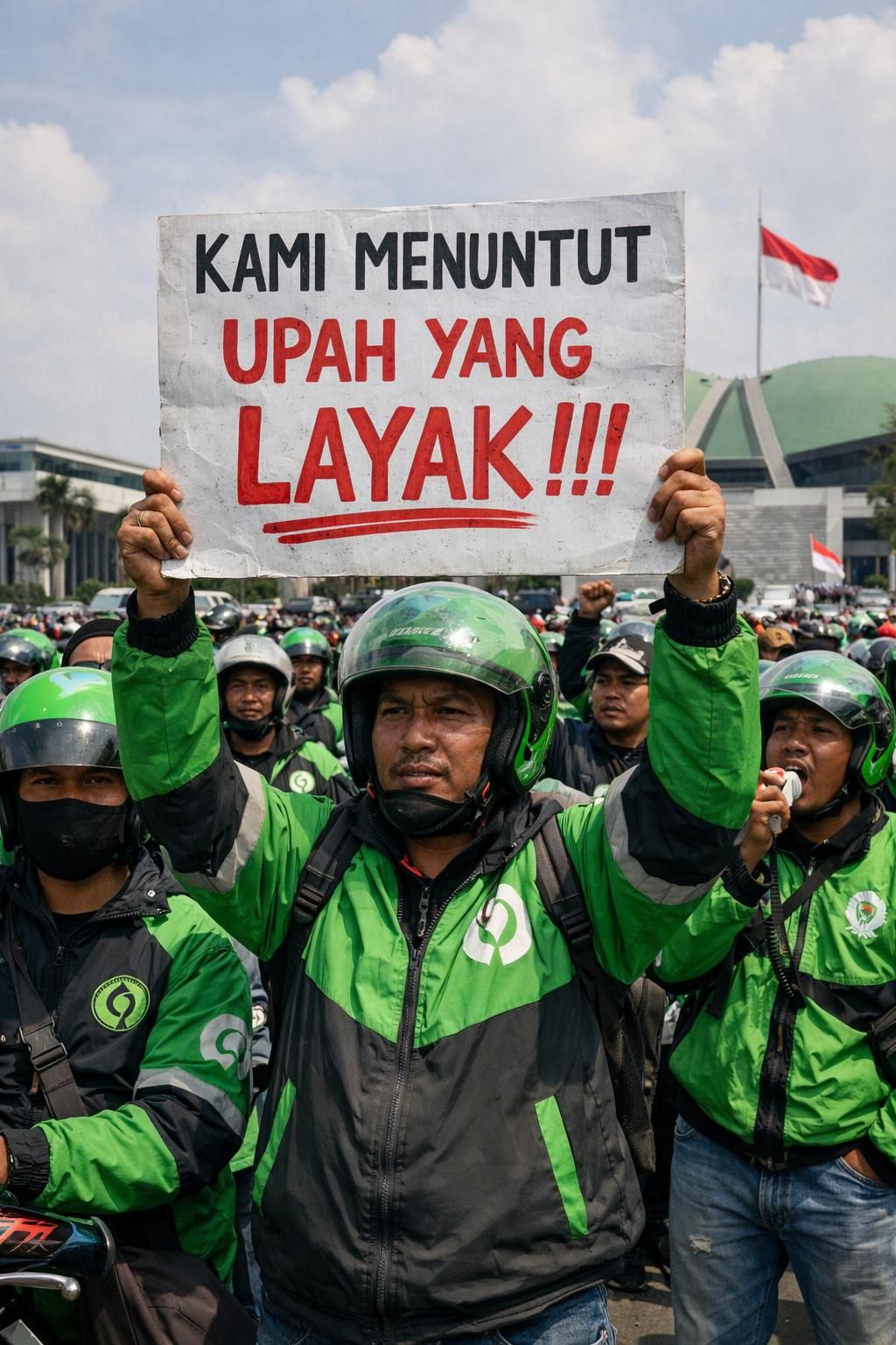 pengemudi ojek online di indonesia menggelar aksi protes untuk menuntut upah yang lebih layak dan kondisi kerja yang lebih baik.