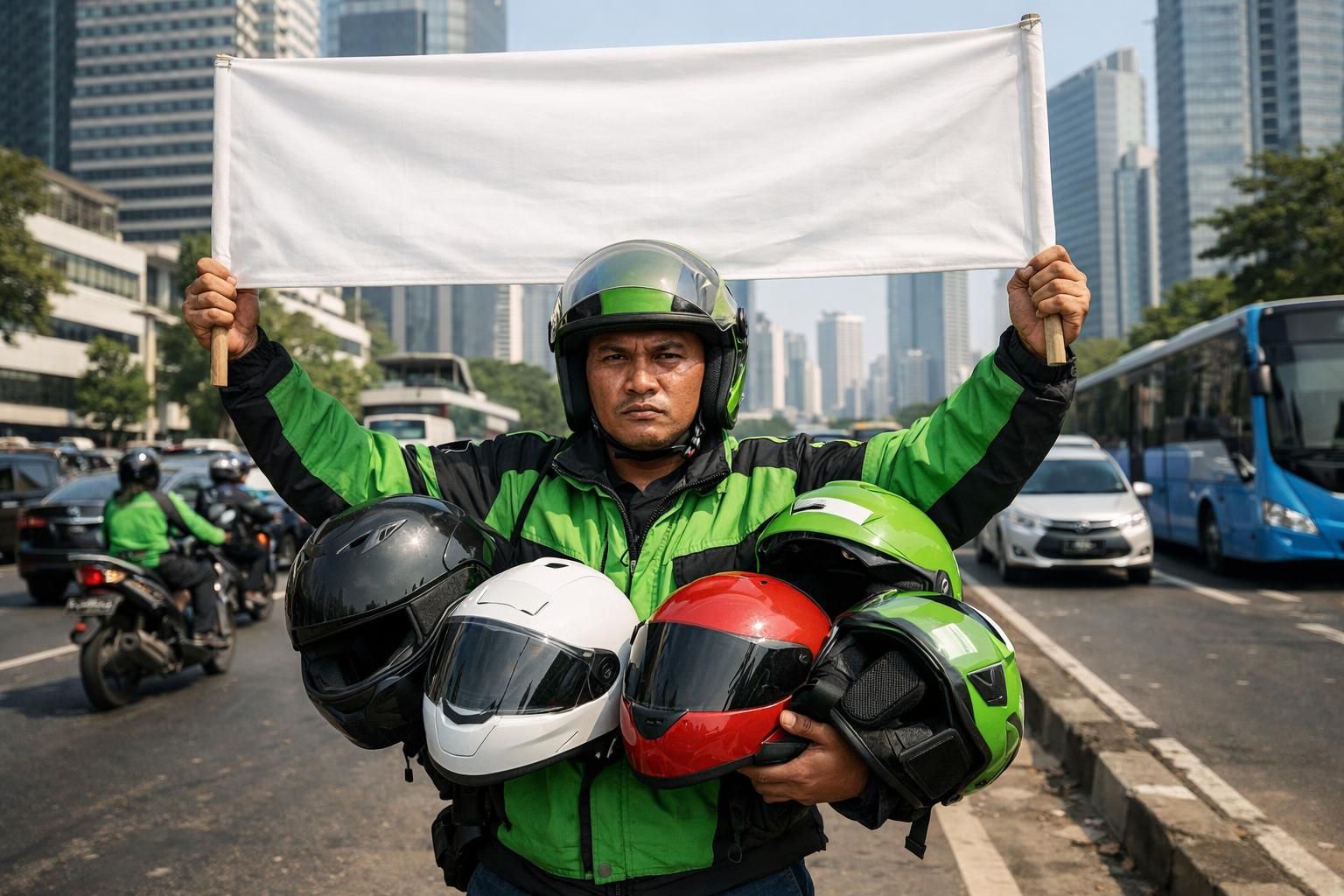 pengemudi ojek online di indonesia menggelar aksi protes menuntut upah yang lebih layak dan perlindungan yang lebih baik dalam pekerjaan mereka.