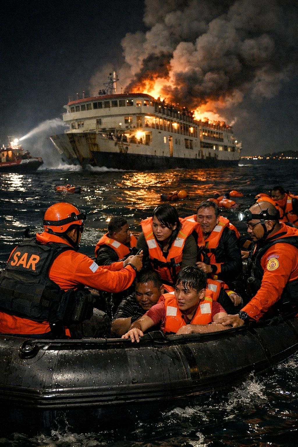 jumlah orang hilang masih belum diketahui setelah kebakaran kapal feri di indonesia yang menewaskan 5 orang, upaya pencarian terus dilakukan untuk menemukan korban.