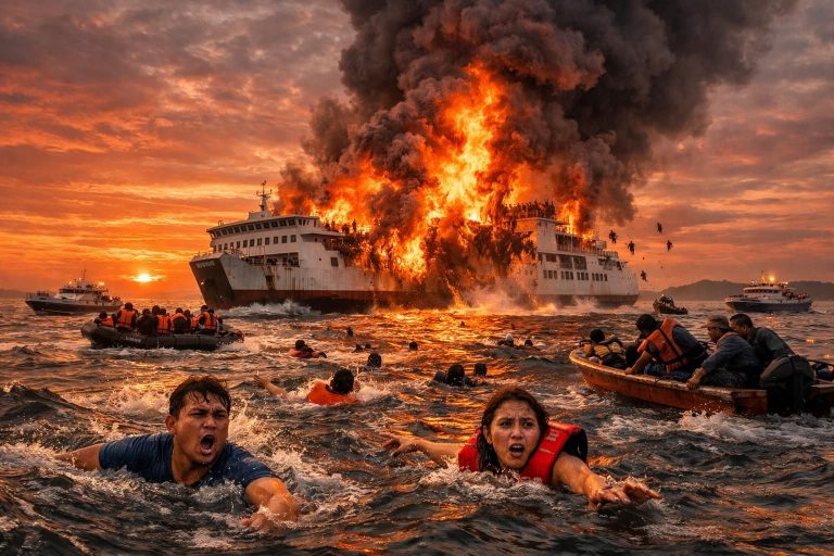 jumlah orang hilang belum diketahui setelah kebakaran kapal feri di indonesia yang menewaskan 5 orang, upaya pencarian dan penyelamatan terus dilakukan.