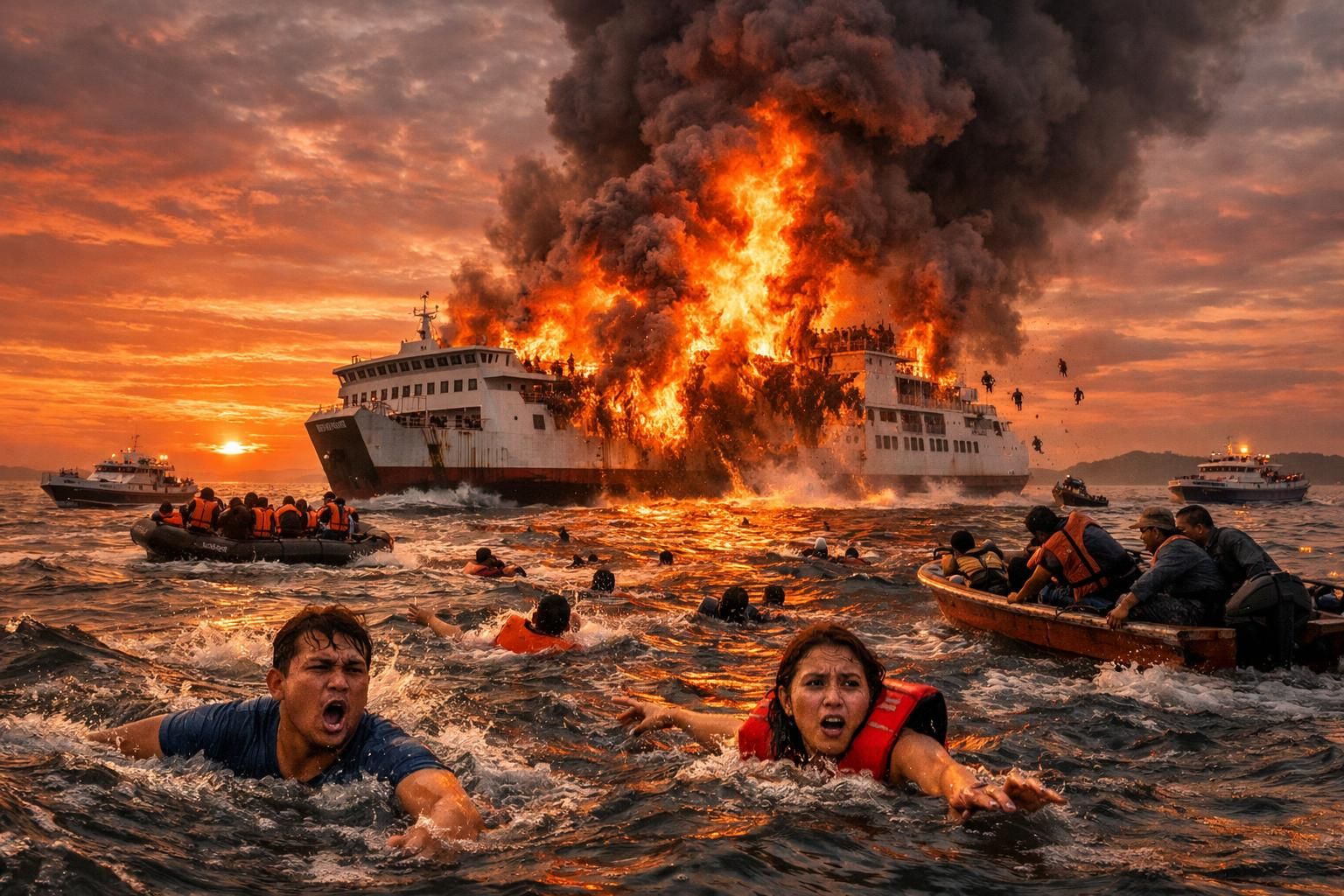 jumlah orang hilang belum diketahui setelah kebakaran kapal feri di indonesia yang menewaskan 5 orang, upaya pencarian dan penyelamatan terus dilakukan.