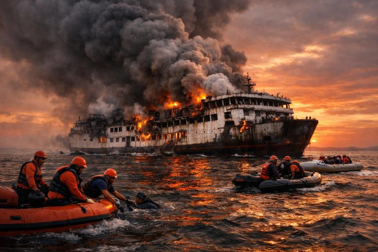 jumlah orang hilang belum diketahui setelah kebakaran kapal feri di indonesia yang menewaskan 5 orang, menyebabkan upaya pencarian dan penyelamatan intensif.