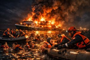 jumlah penumpang yang tidak diketahui hilang setelah kebakaran kapal feri di indonesia yang mengakibatkan 5 orang tewas, upaya pencarian terus dilakukan.