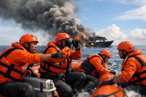 tim penyelamat berupaya keras menemukan 28 orang yang hilang setelah kapal feri terbakar di madura, indonesia, dengan operasi penyelamatan yang intensif dan cepat.