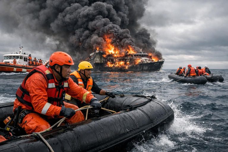 tim penyelamat sedang mencari 28 orang yang hilang setelah kapal feri terbakar di madura, indonesia. operasi penyelamatan terus berlanjut untuk menemukan korban dan memberikan bantuan.